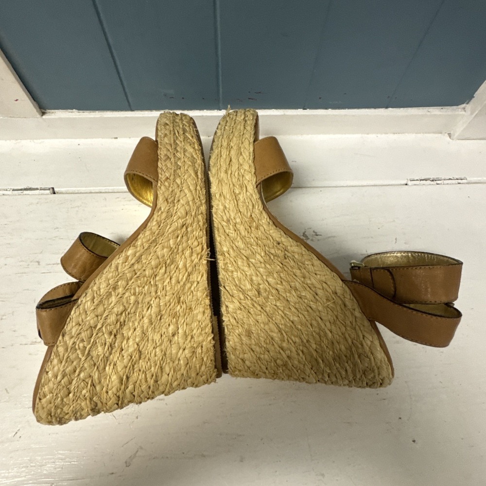 Coach Women's Size 8.5 Tan Leather Espadrille Straw Wedge Platform - Picture 11 of 11
